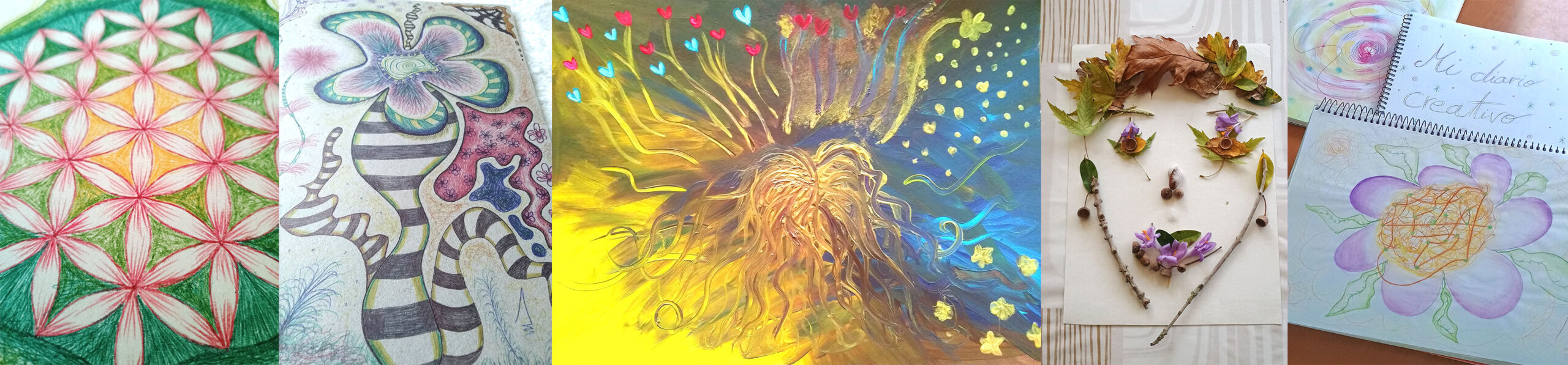 Serie de imágenes de dibujos a boli y pinturas acrílicas. Retratos con hojas creados en la terapia a través del arte que se describe en la web.